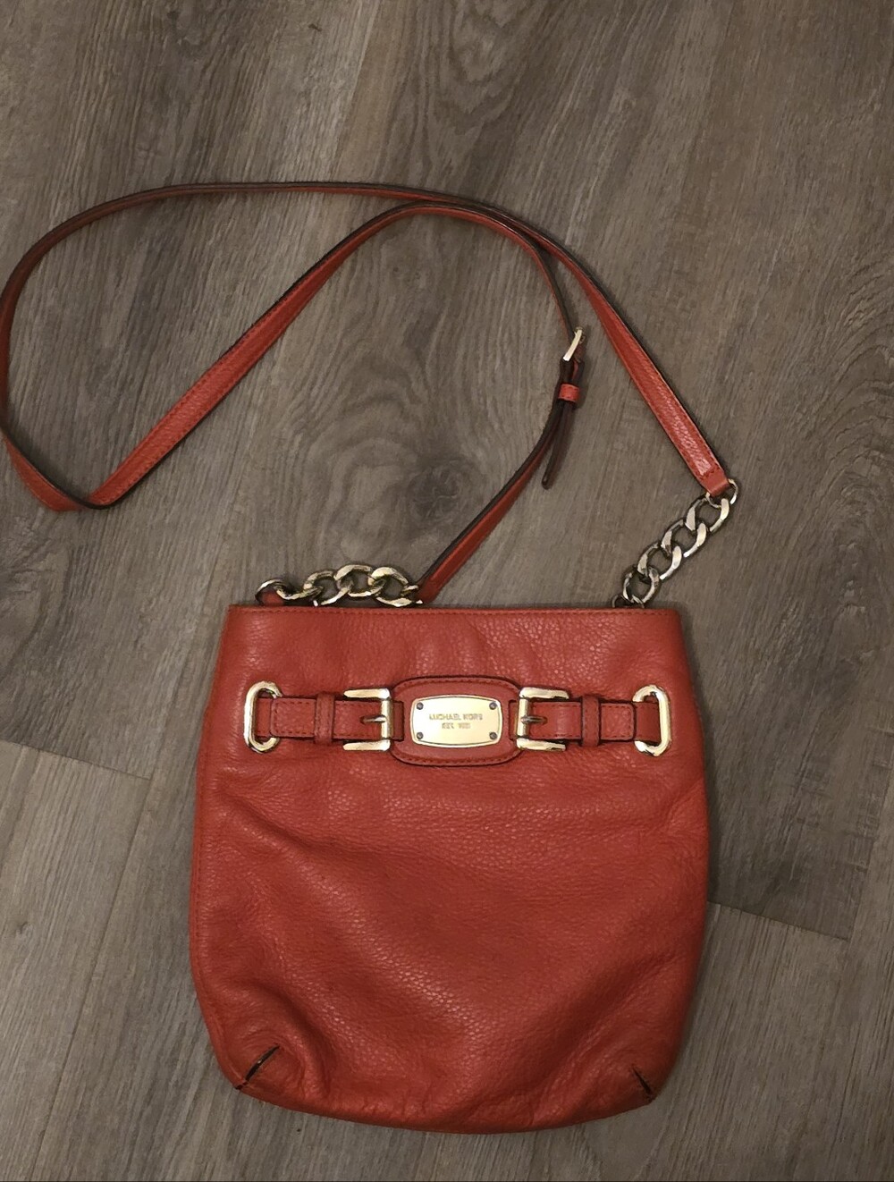 Michael Kors Orange-Red Pebble Leather Crossbody with Gold Hardware
